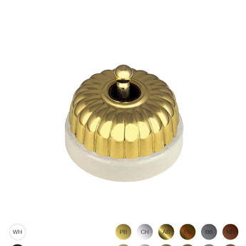 20 Series Switch 16AX/20A 250V~ Porcelain Base Shallow White Cover Deep Fluted Polished Brass Toggle Brass