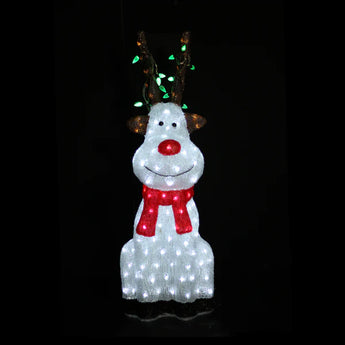 Acrylic Sitting Red Nose Reindeer with Christmas Lights - H90cm