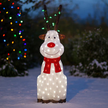 Acrylic Sitting Red Nose Reindeer with Christmas Lights - H90cm