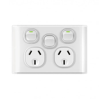 Snow Leopard - Power Point Switched 2 Gang 10A 250V~, With Removable Extra Swtich 16AX/20A, White Cover, White Grid